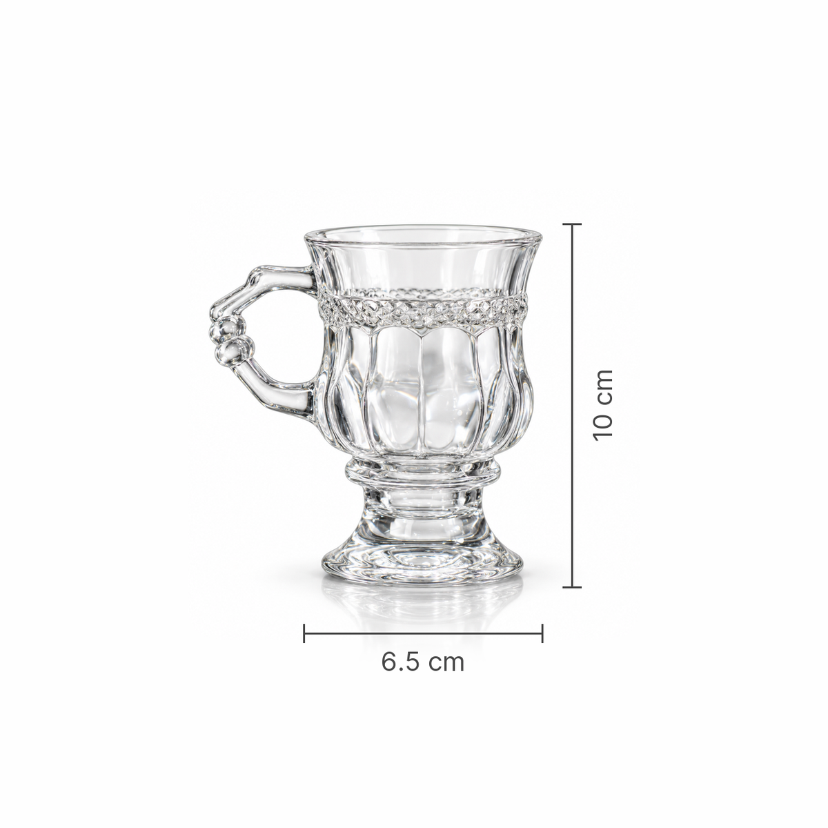 Footed tea glass dimensions 6.5 cm wide, 10 cm tall