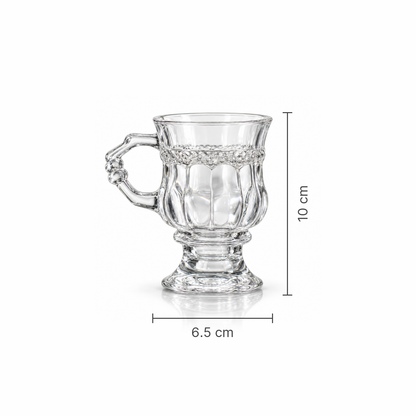 Footed tea glass dimensions 6.5 cm wide, 10 cm tall
