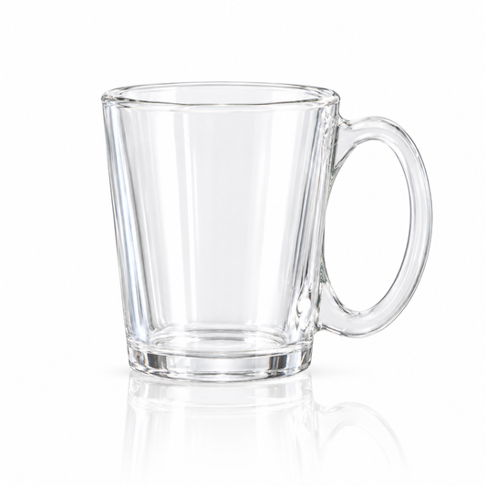 Clear tapered glass tea mug with D handle on white