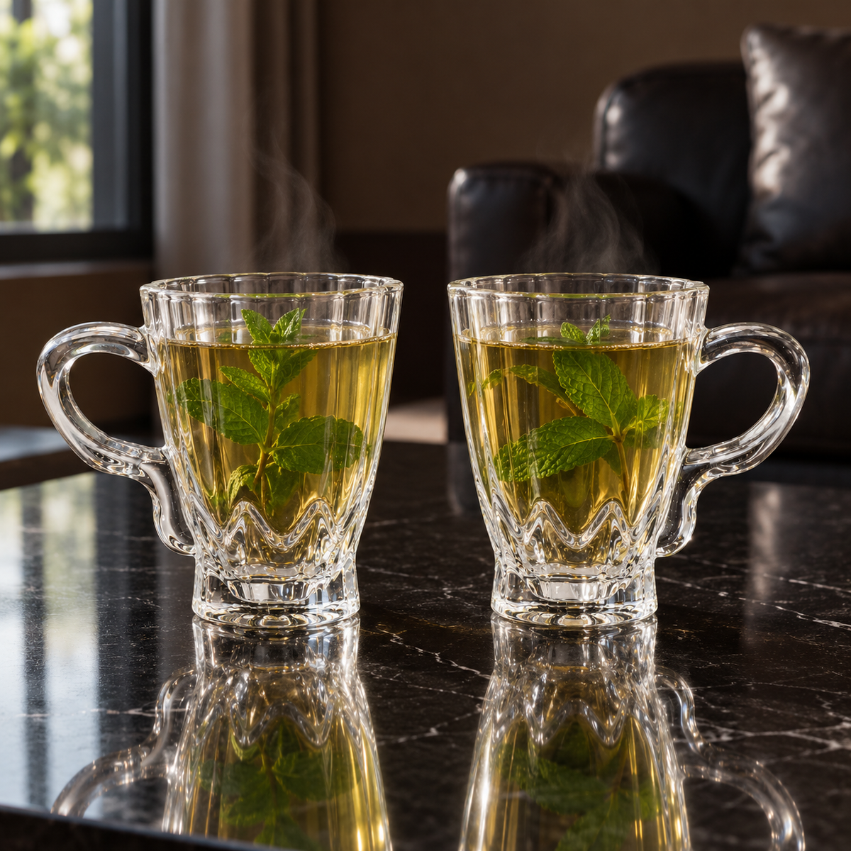 Two paneled glass mugs of mint tea in a living room