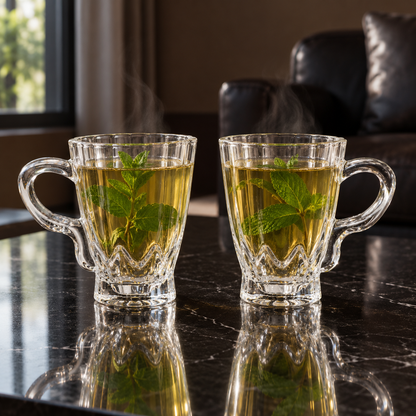 Two paneled glass mugs of mint tea in a living room