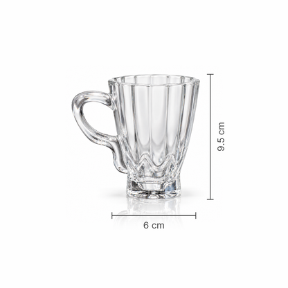 Glass mug dimensions 6 cm wide, 9.5 cm tall