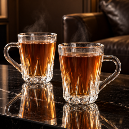 Faceted glass mug in a living room