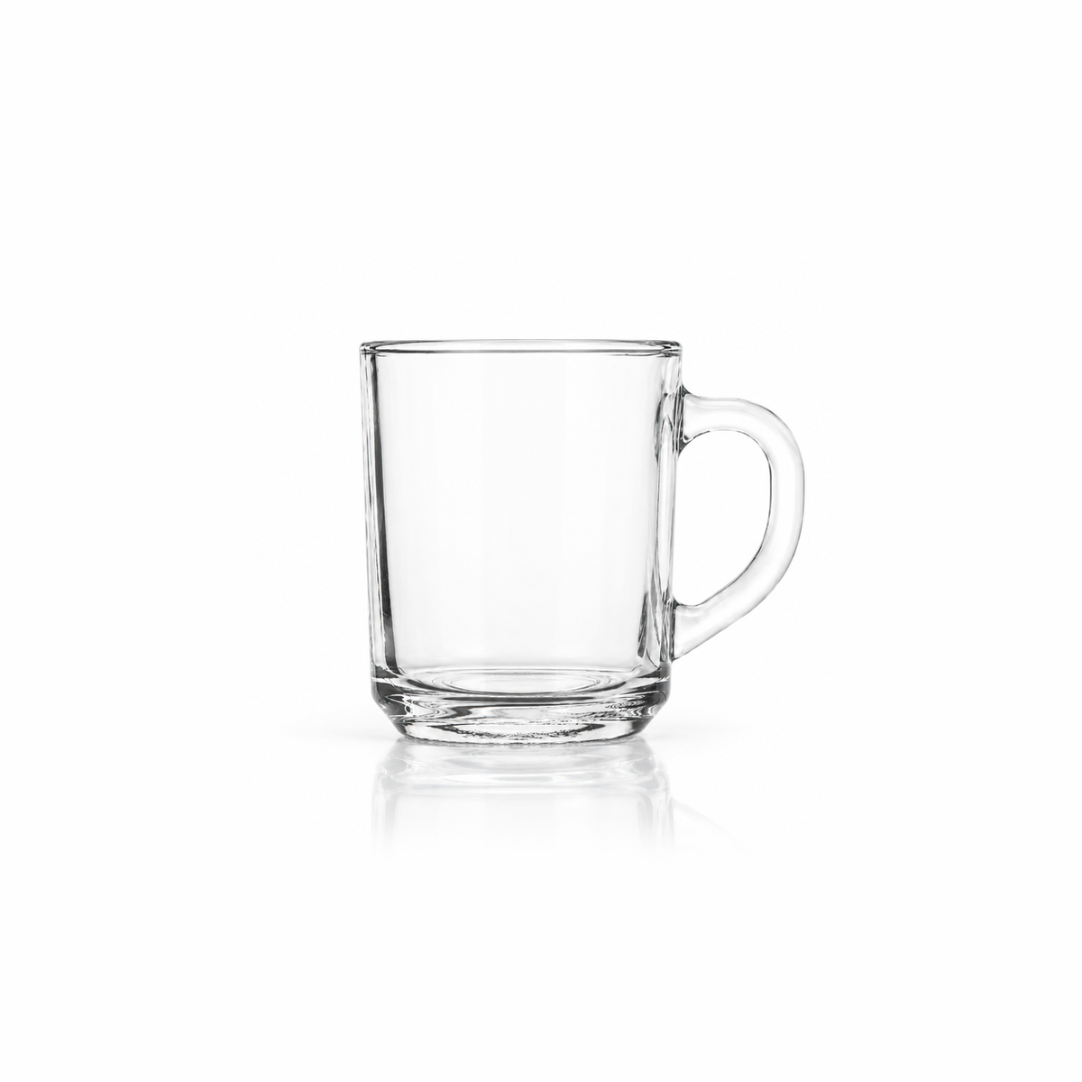Plain clear glass tea mug on white