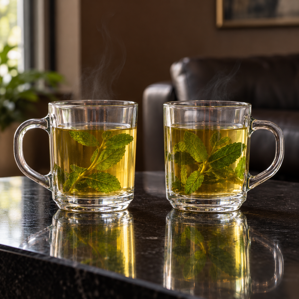 Two glass mugs of mint tea in a living room