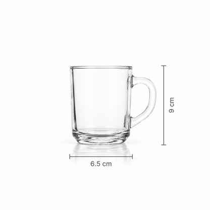Glass mug dimensions 6.5 cm wide, 9 cm tall