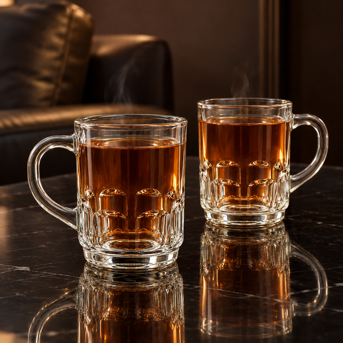 Clear glass mug with dimpled base in a living room