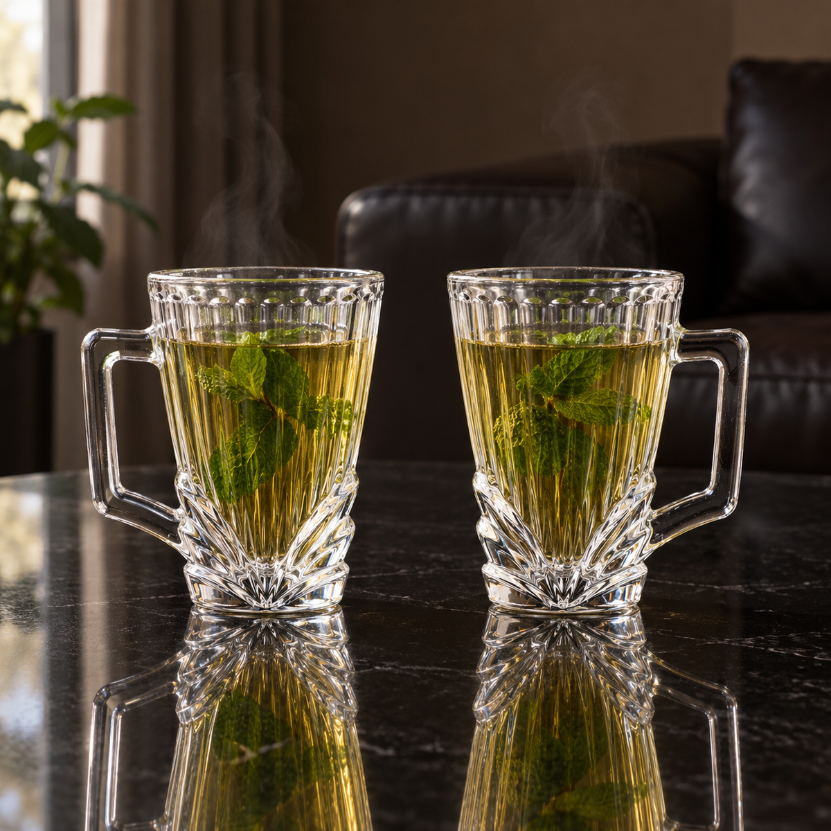 Two ribbed glass cups of mint tea in a living room