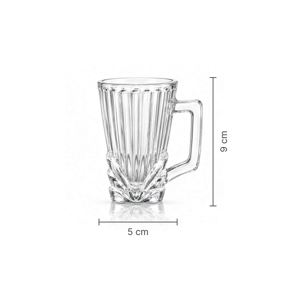 Glass cup dimensions 5 cm wide, 9 cm tall