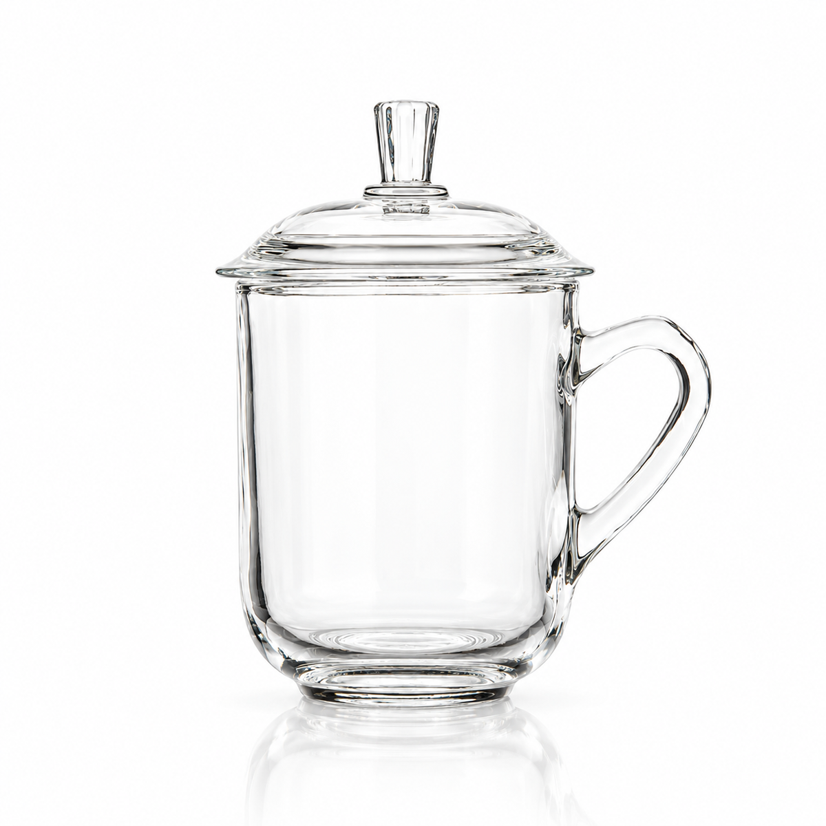 Clear glass tea mug with domed lid on white