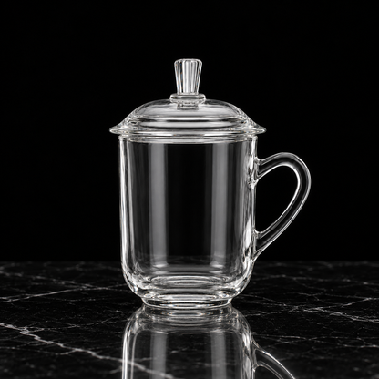 Glass mug with lid on black marble