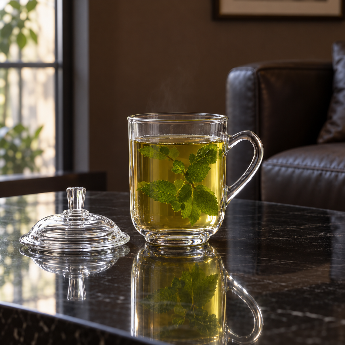 Glass mug of mint tea with lid beside it in a living room
