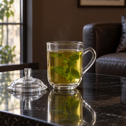 Glass mug of mint tea with lid beside it in a living room