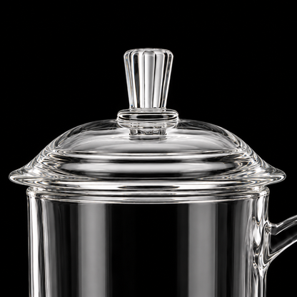 Close-up of the domed glass lid and fluted knob