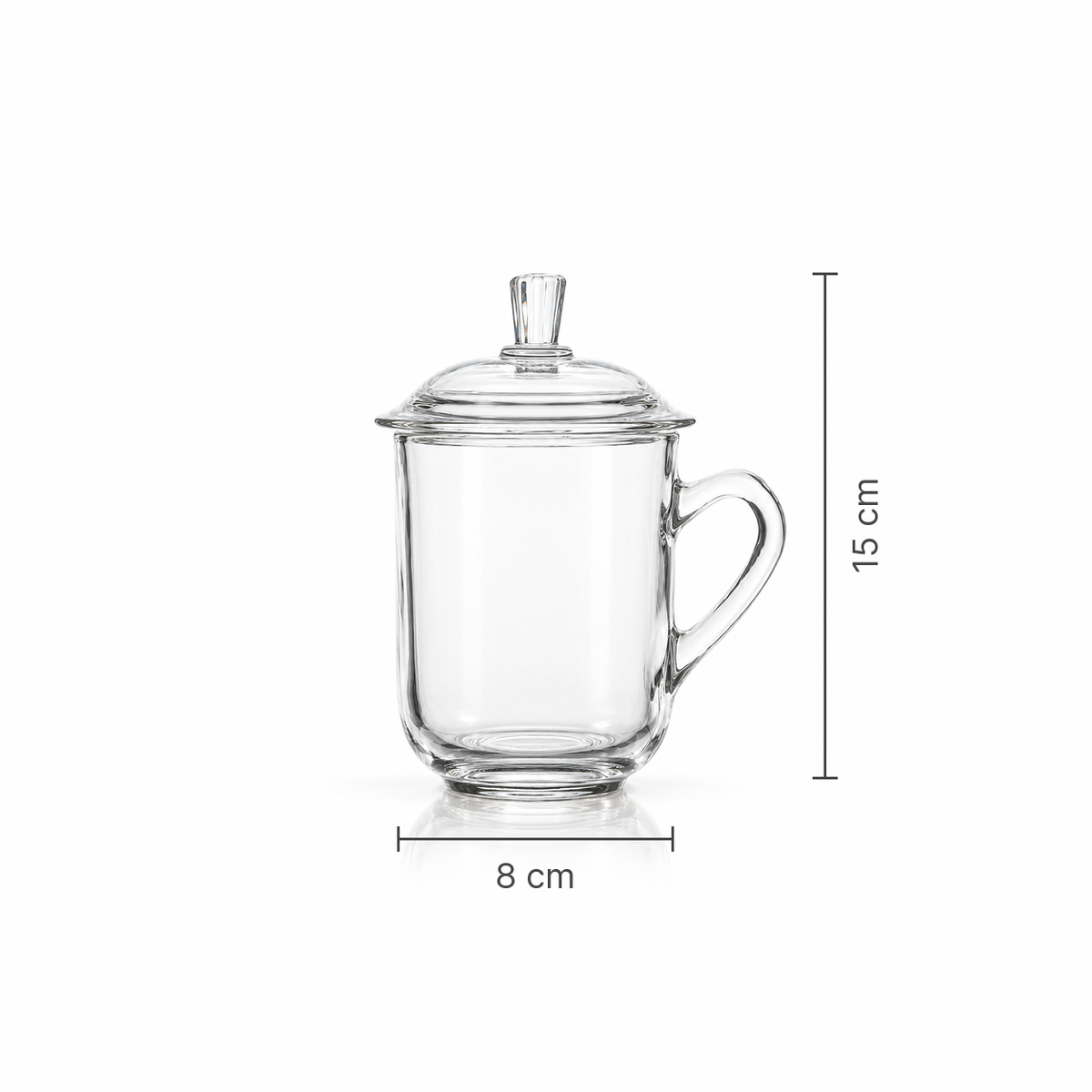 Glass mug with lid dimensions 8 cm wide, 15 cm tall