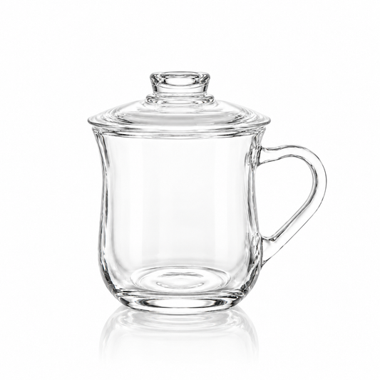 Tulip glass tea mug with domed lid on white