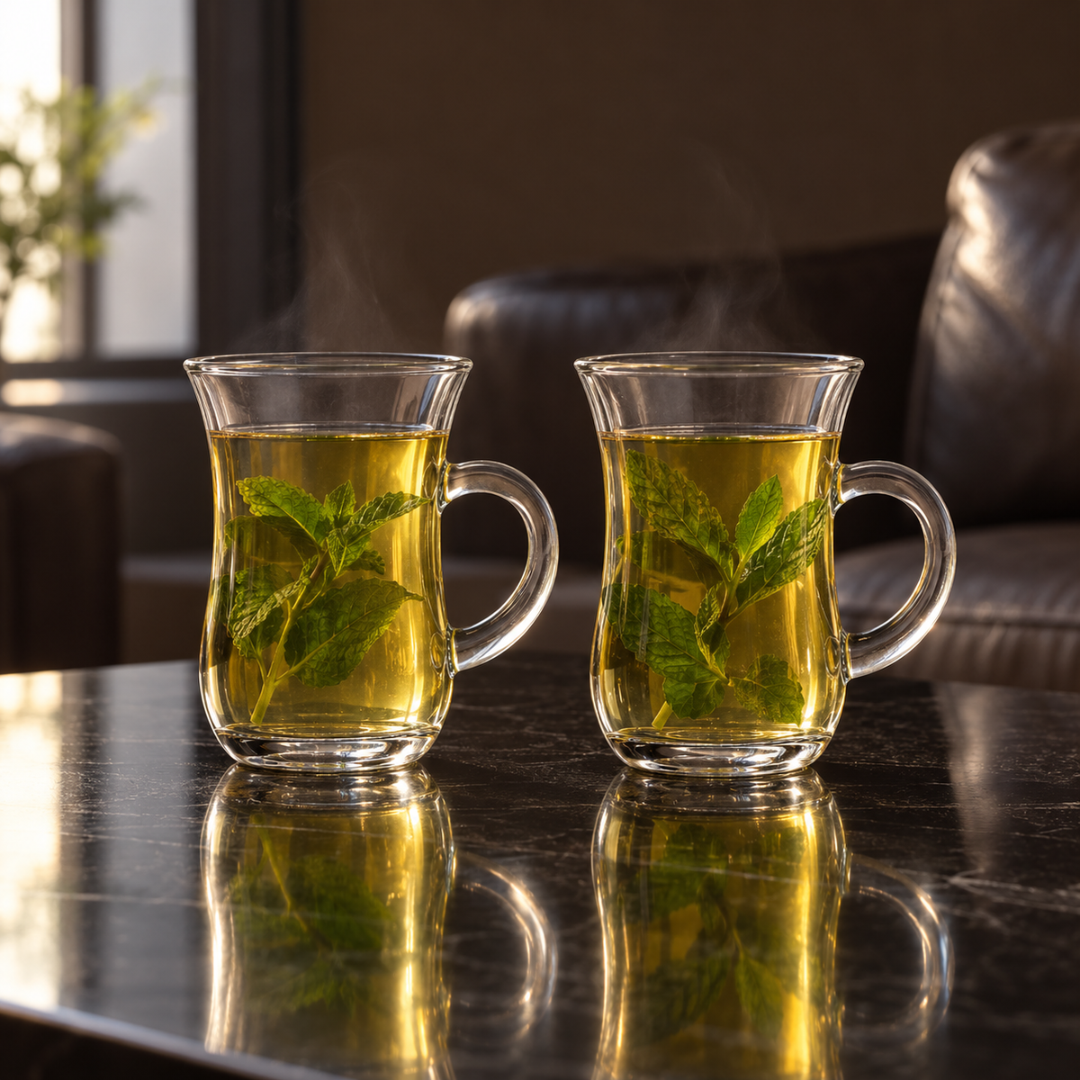 Two glass tea cups of mint tea in a living room