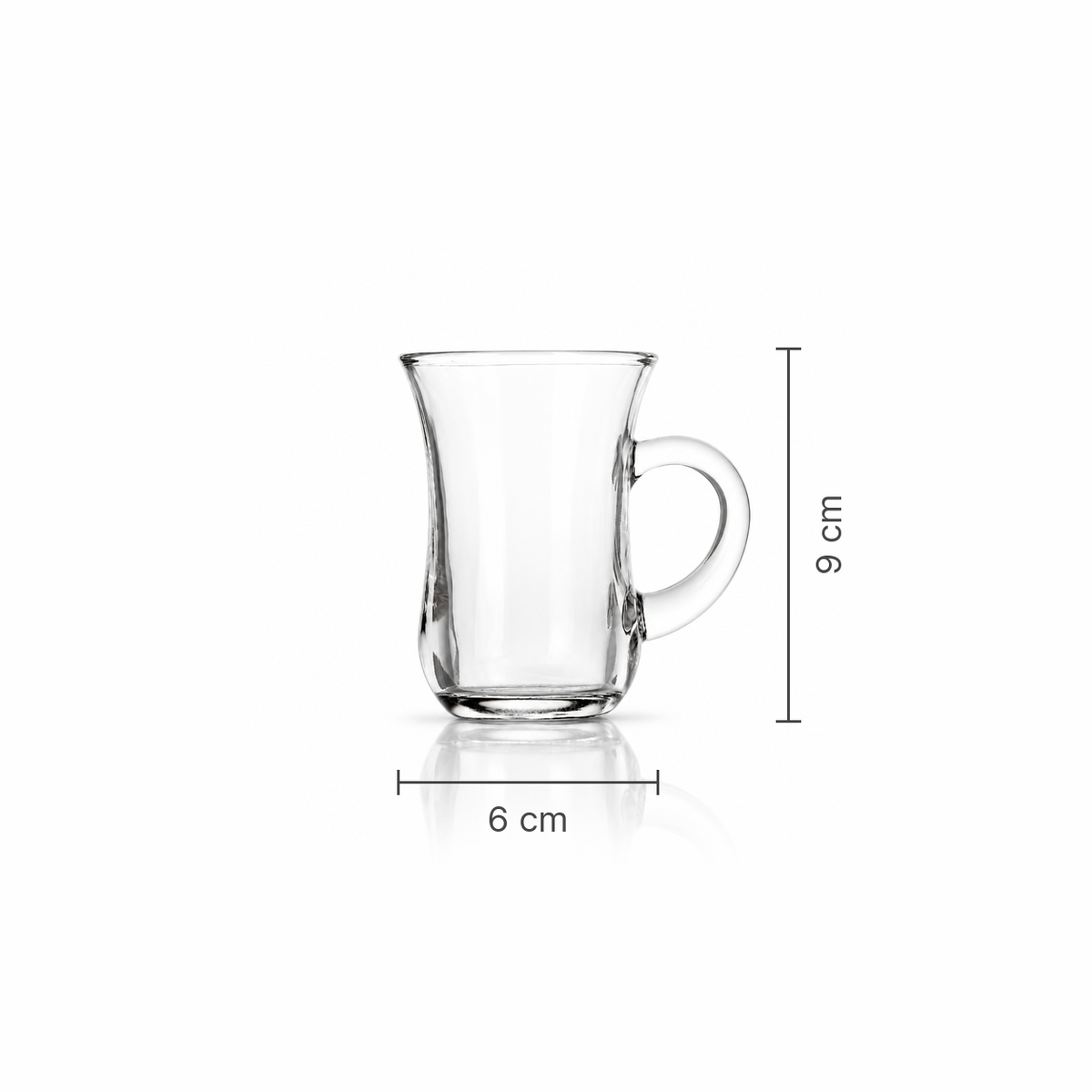 Glass tea cup dimensions 6 cm wide, 9 cm tall