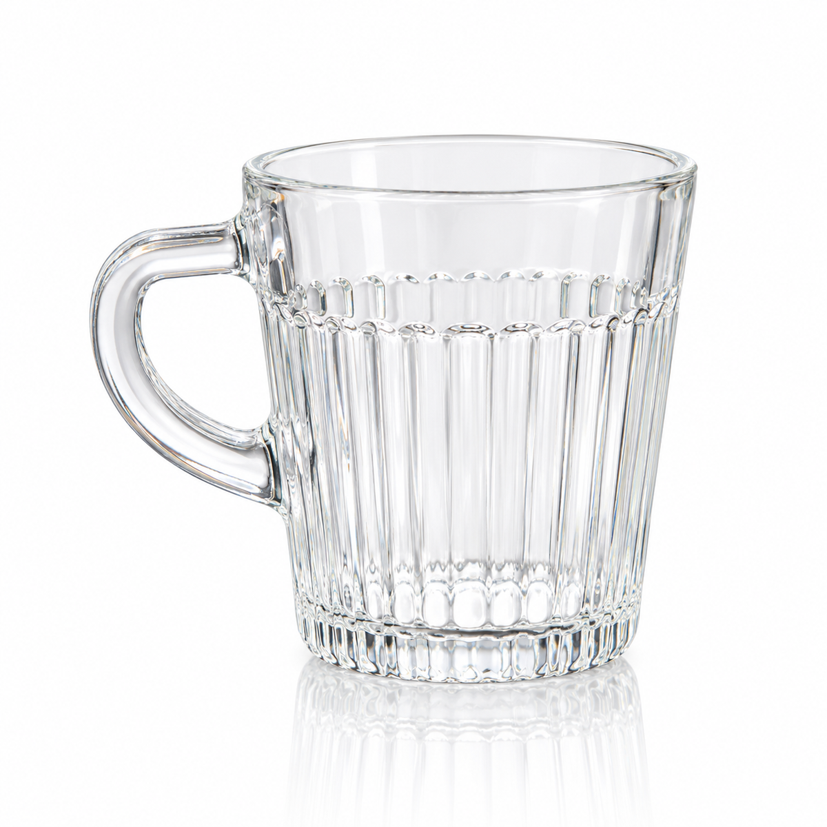 Fluted clear glass tea mug on white