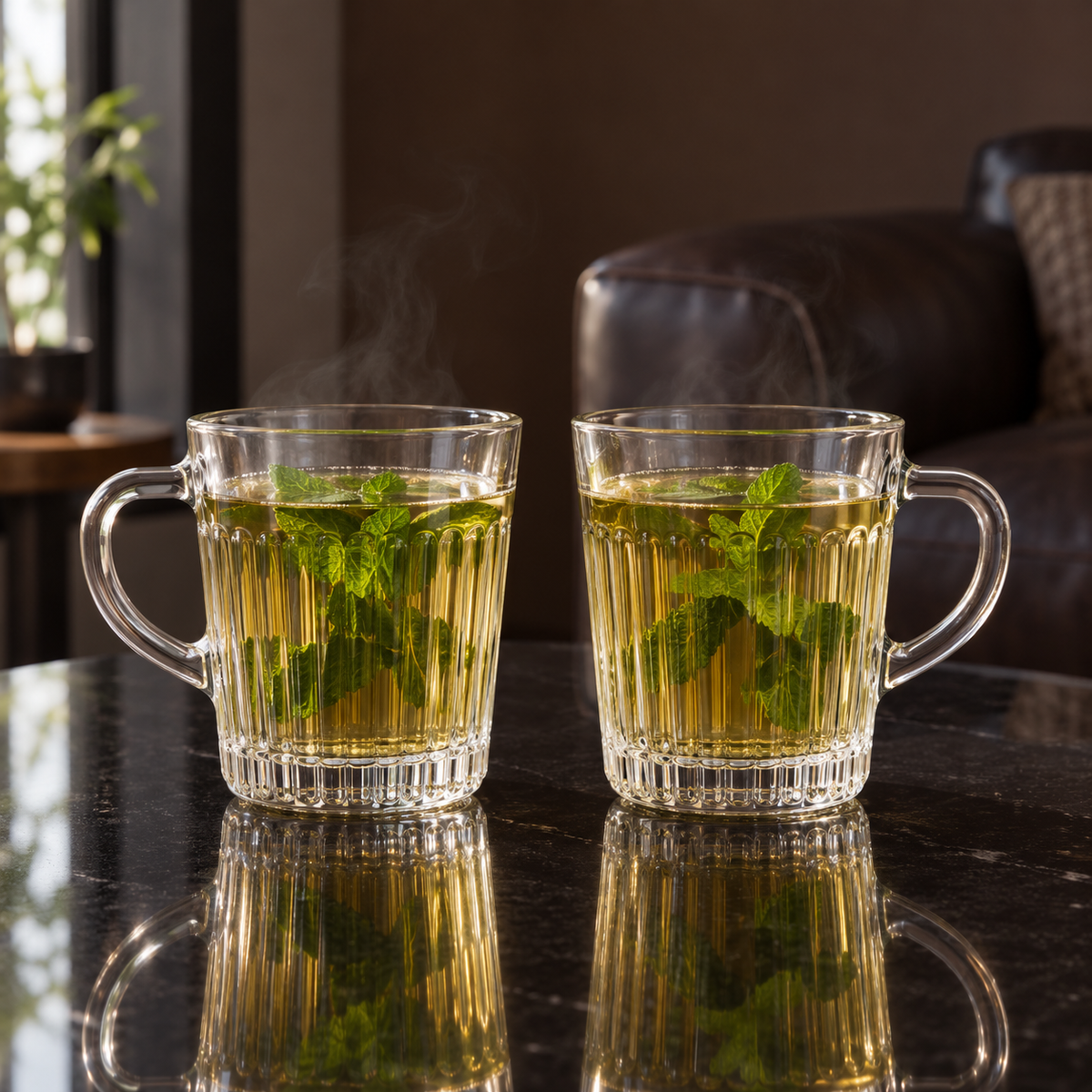 Two fluted glass mugs of mint tea in a living room