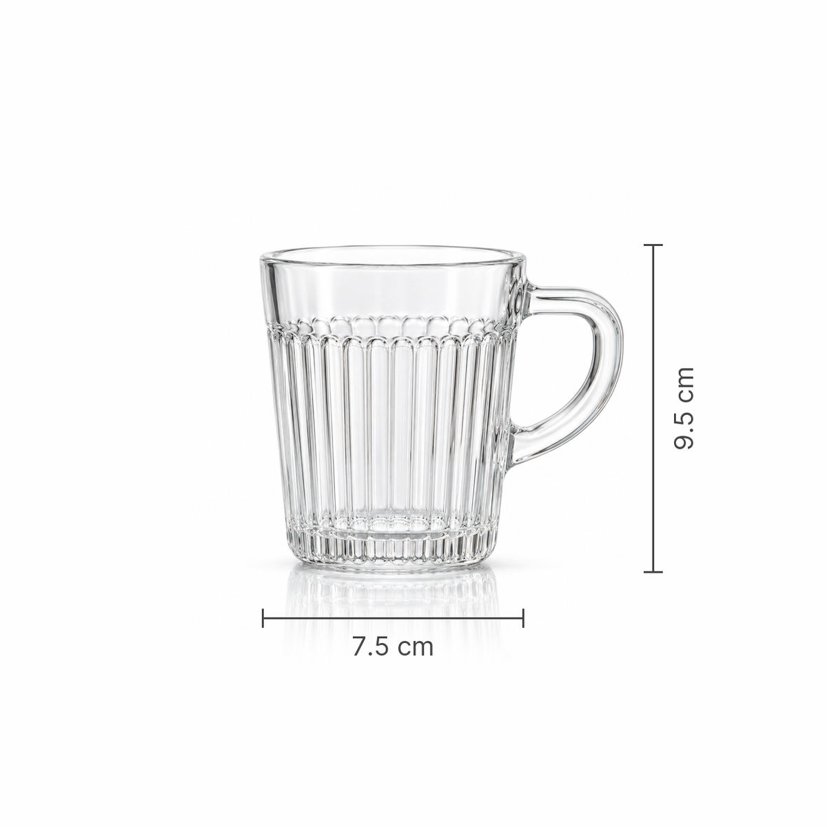 Glass mug dimensions 7.5 cm wide, 9.5 cm tall
