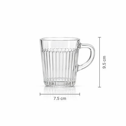 Glass mug dimensions 7.5 cm wide, 9.5 cm tall