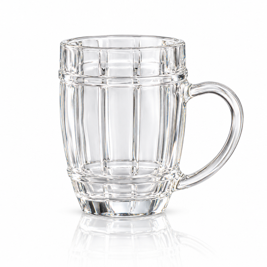Barrel-style glass tea mug on white
