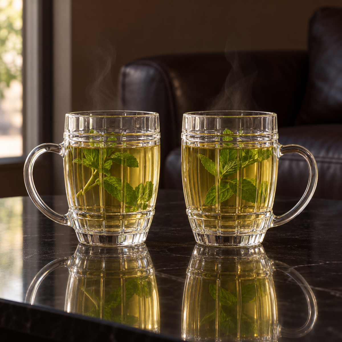 Two barrel glass mugs of mint tea in a living room