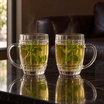 Two barrel glass mugs of mint tea in a living room