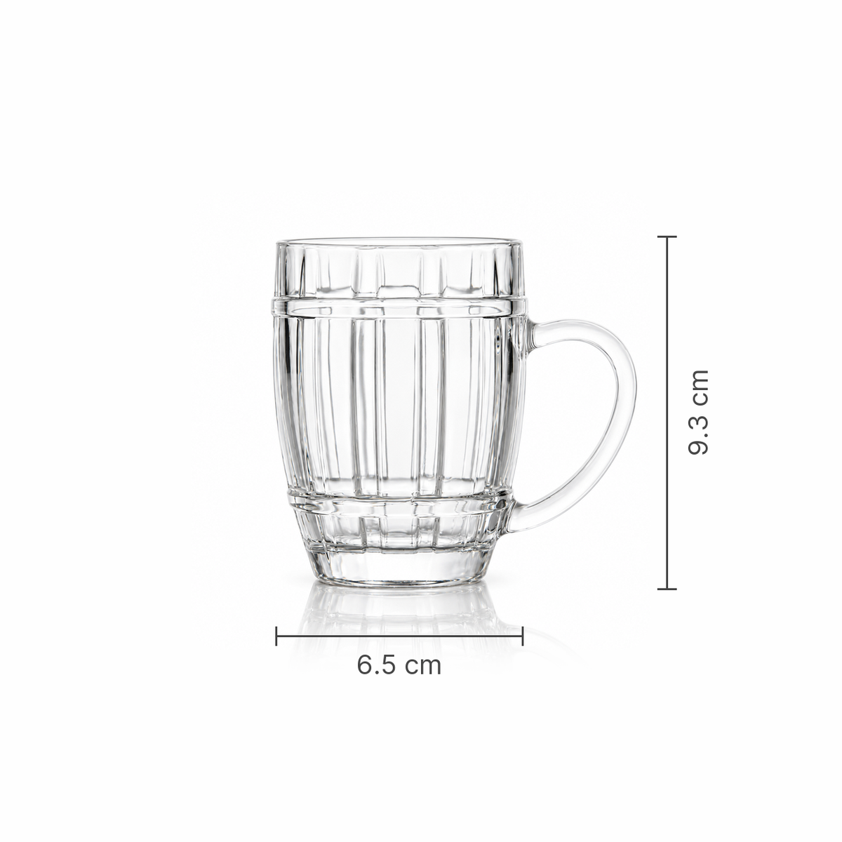Glass mug dimensions 6.5 cm wide, 9.3 cm tall