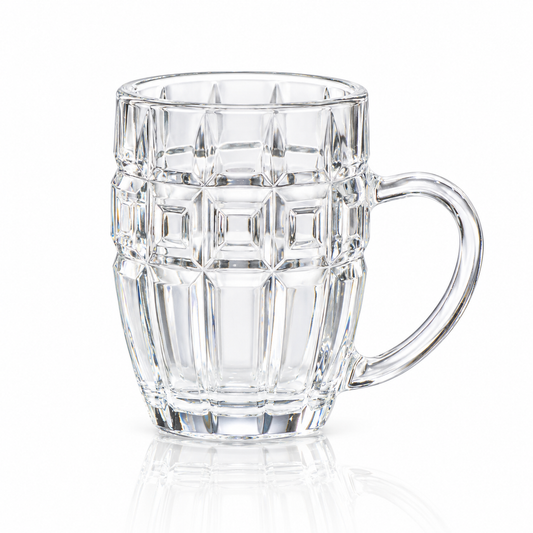 Glass tea mug with square window cuts on white
