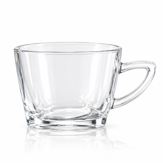 Wide glass tea cup with angular handle on white