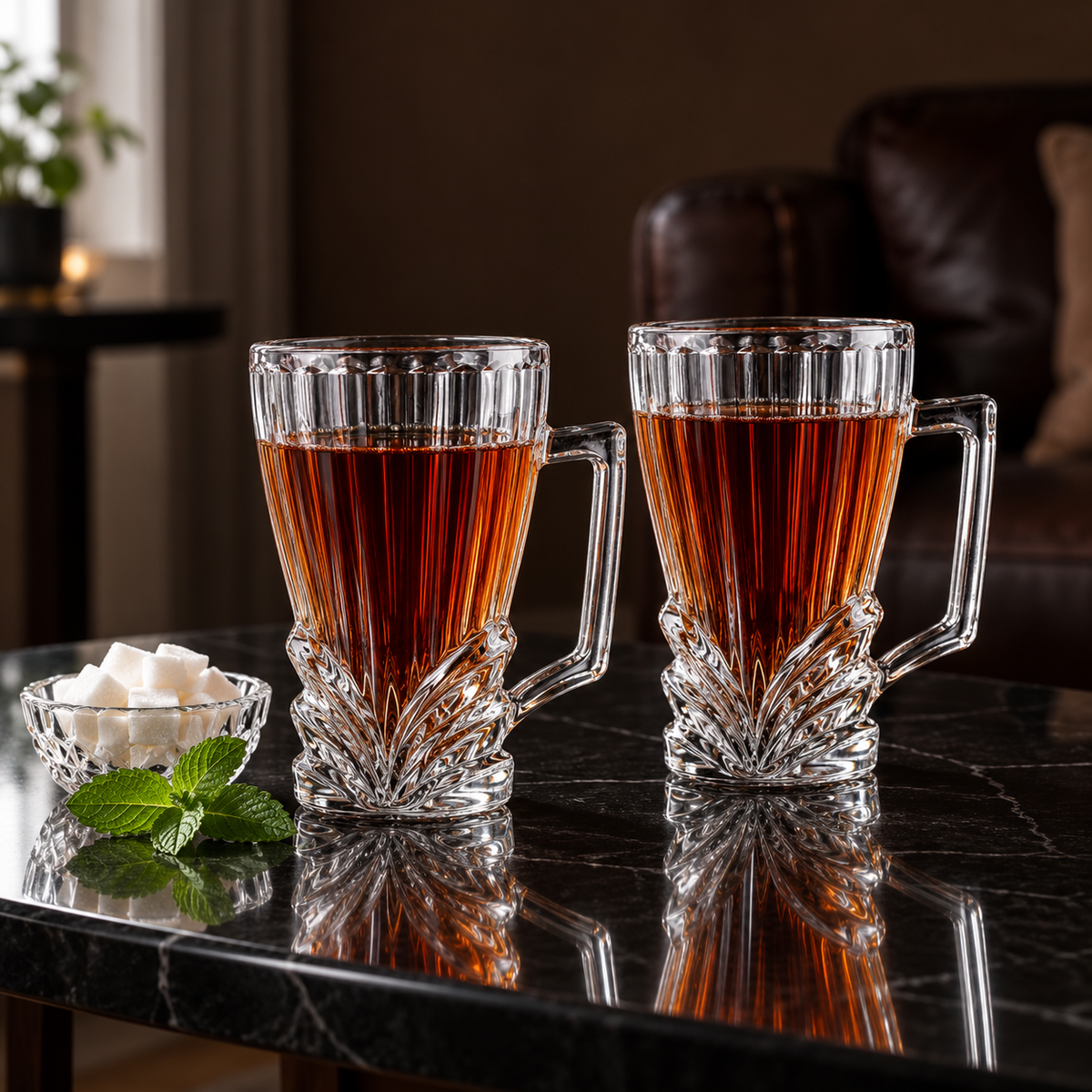 Leaf cut glass tea mug with tea and sugar cubes in a living room