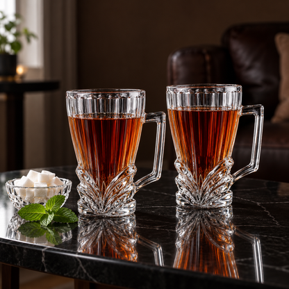 Leaf cut glass tea mug with tea and sugar cubes in a living room