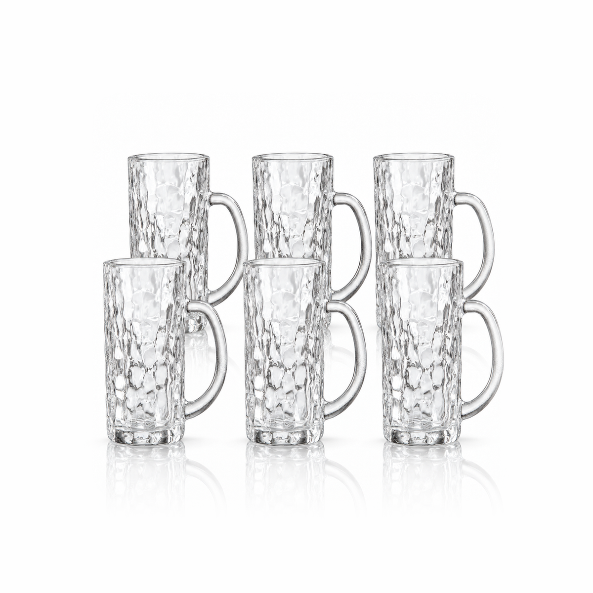 Set of 6 tall hammered glass mugs