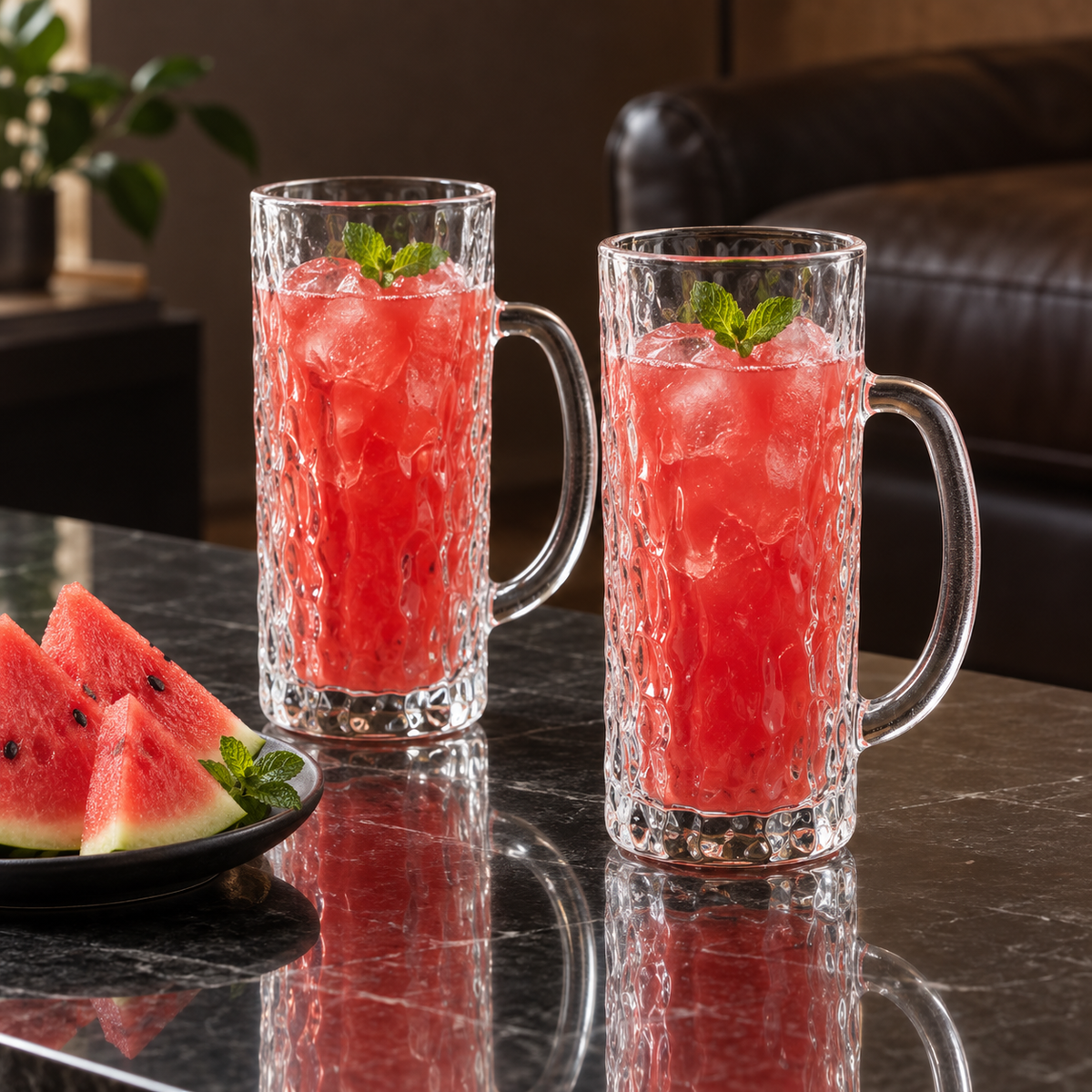 Tall hammered glass mugs with watermelon juice in a living room