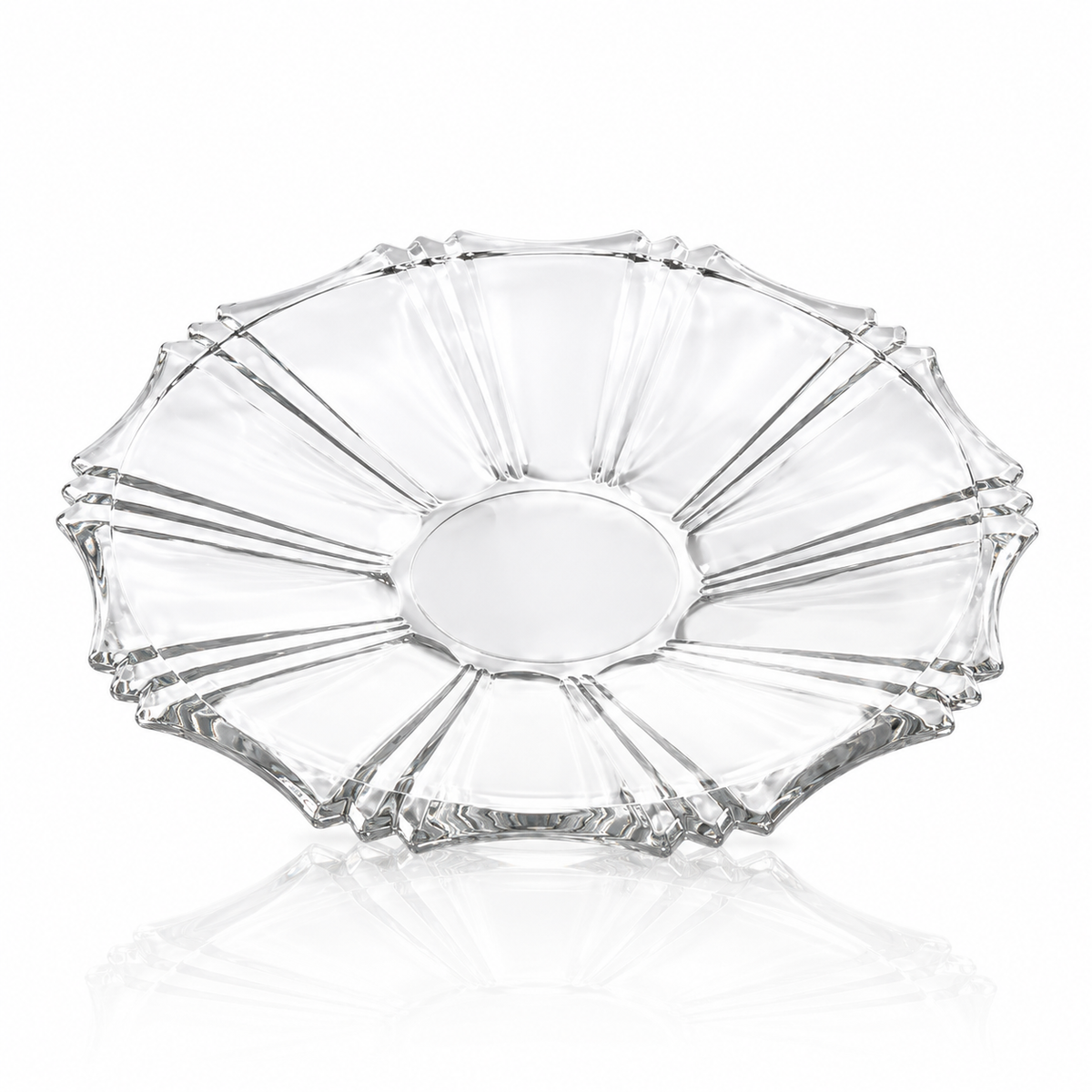 Clear glass serving plate on white marble