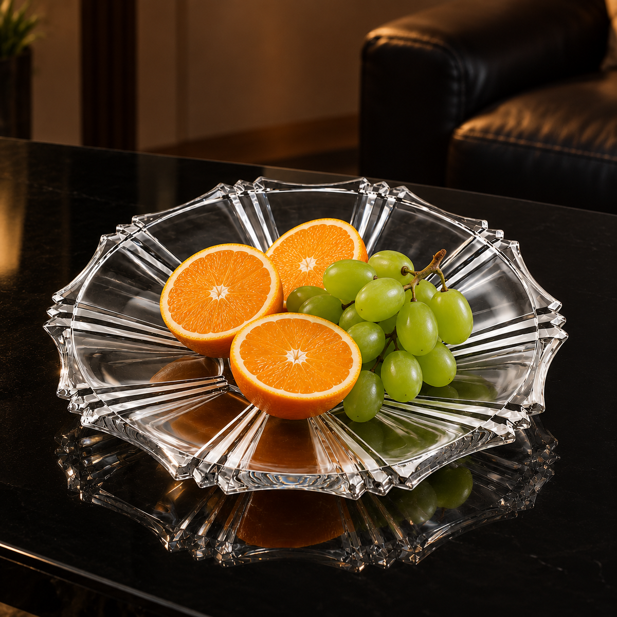Glass plate with oranges and grapes in a living room