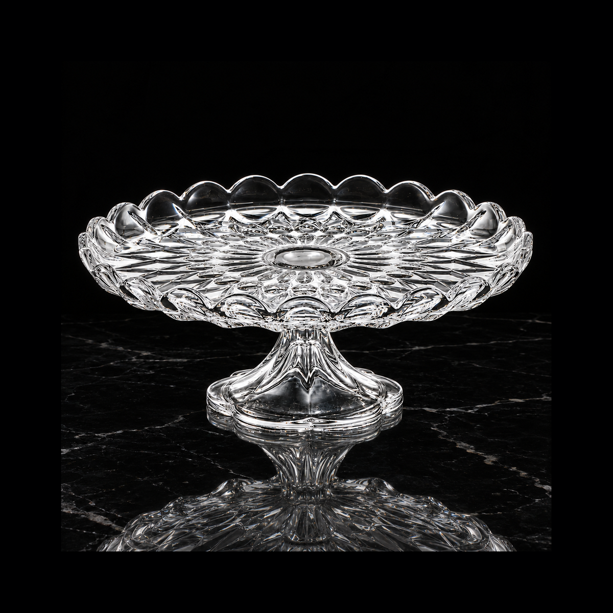 Crystal cake stand on black marble