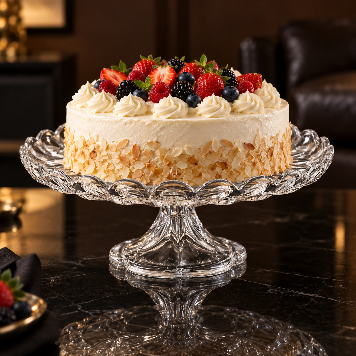 Crystal cake stand with cake in living room