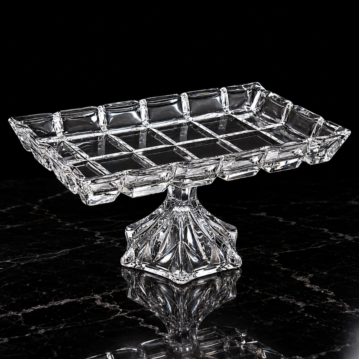 Crystal Footed Serving Tray on black marble