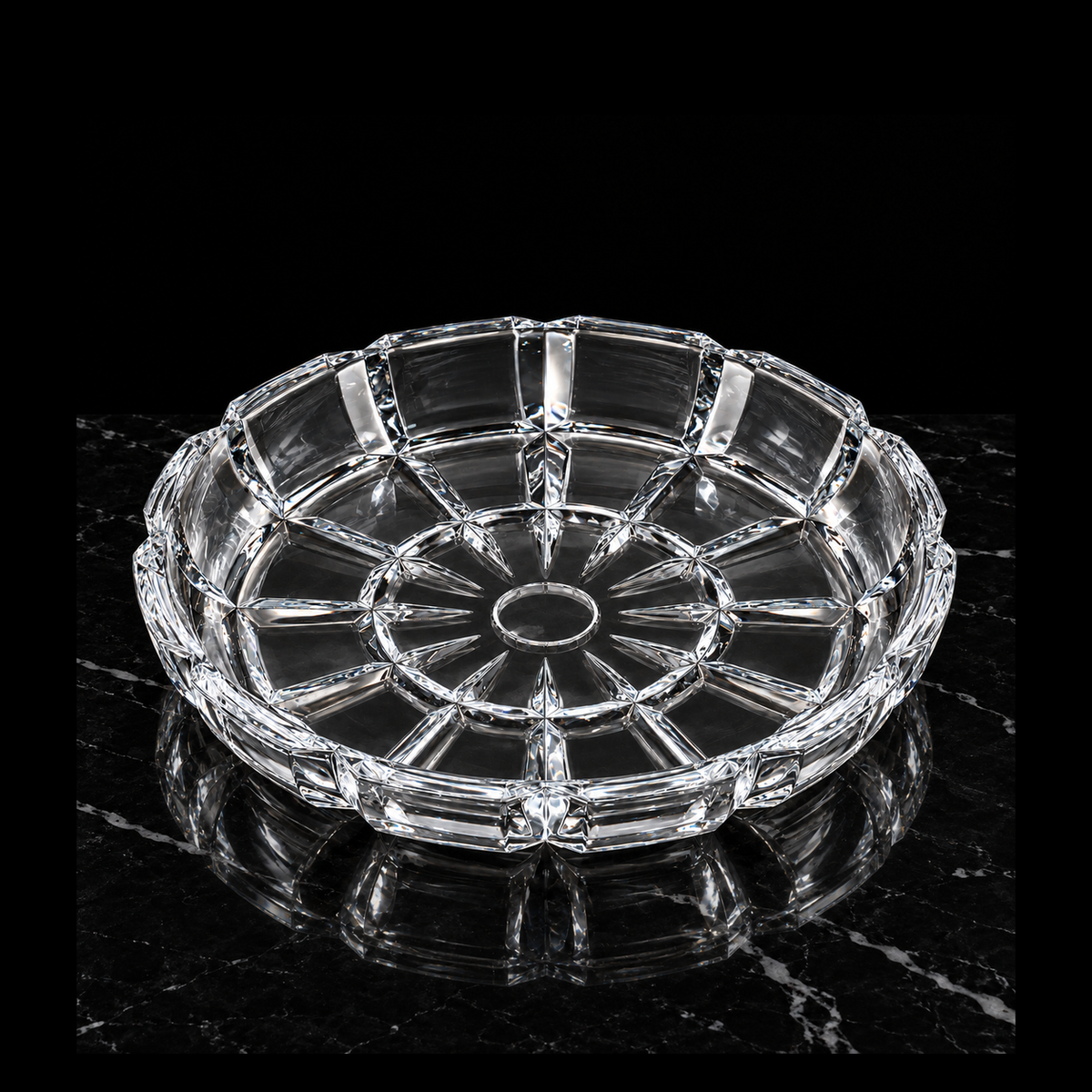 P-202 crystal serving tray on black marble