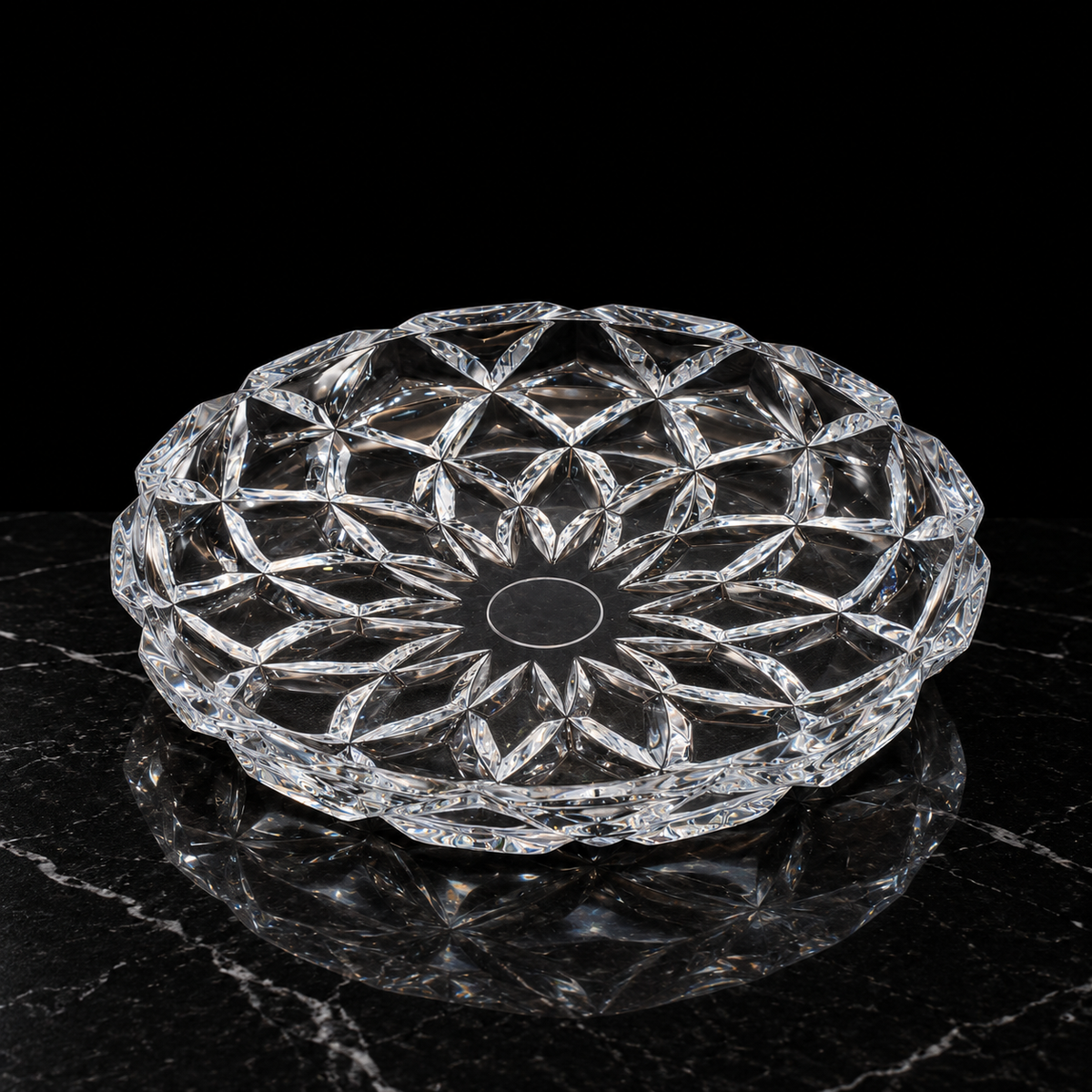 P-203 crystal serving plate on black marble