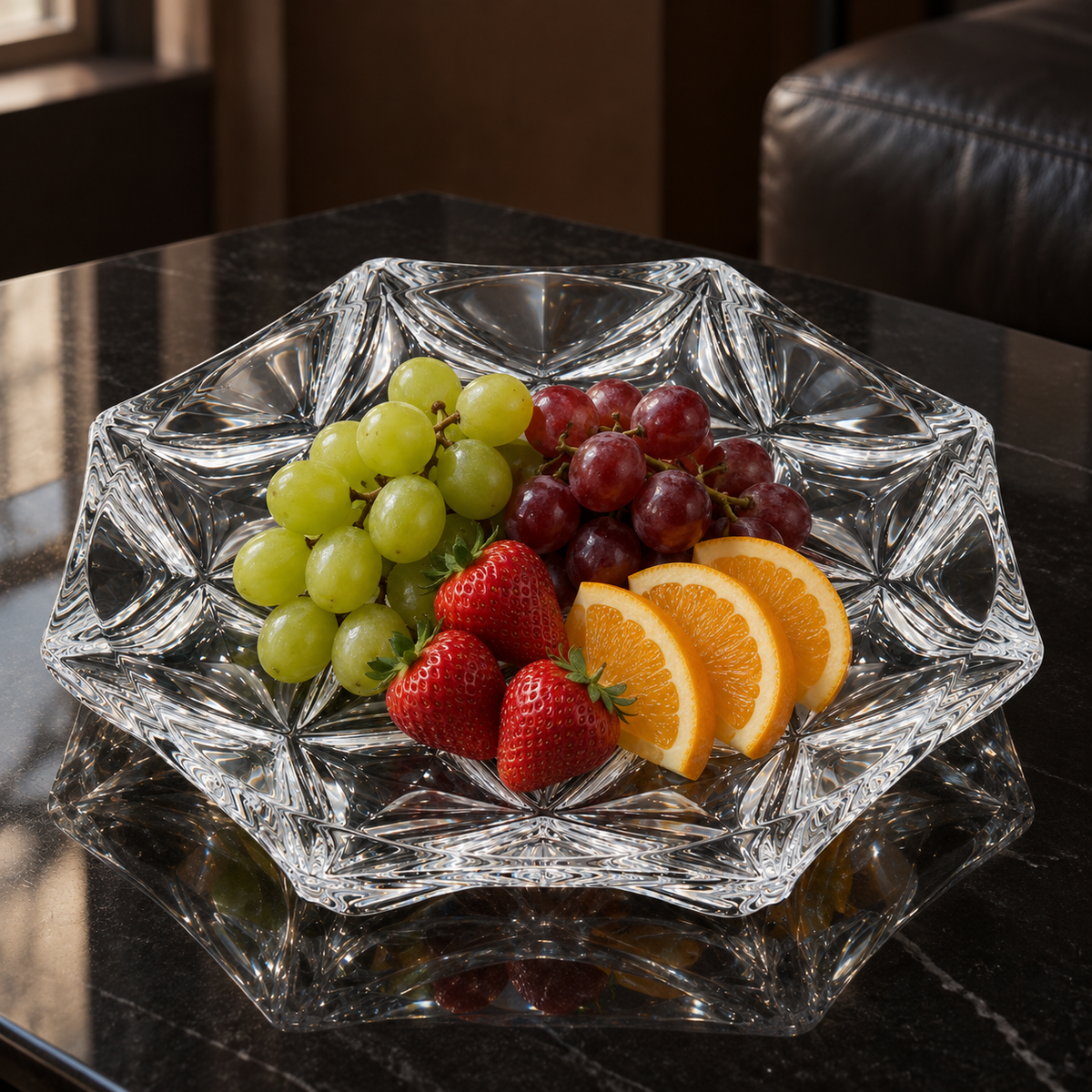 P-206 crystal plate with fresh fruit in a living room