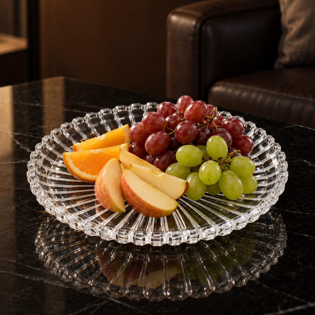 Crystal sunburst serving plate in a living room