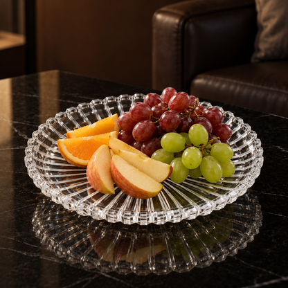Crystal sunburst serving plate in a living room