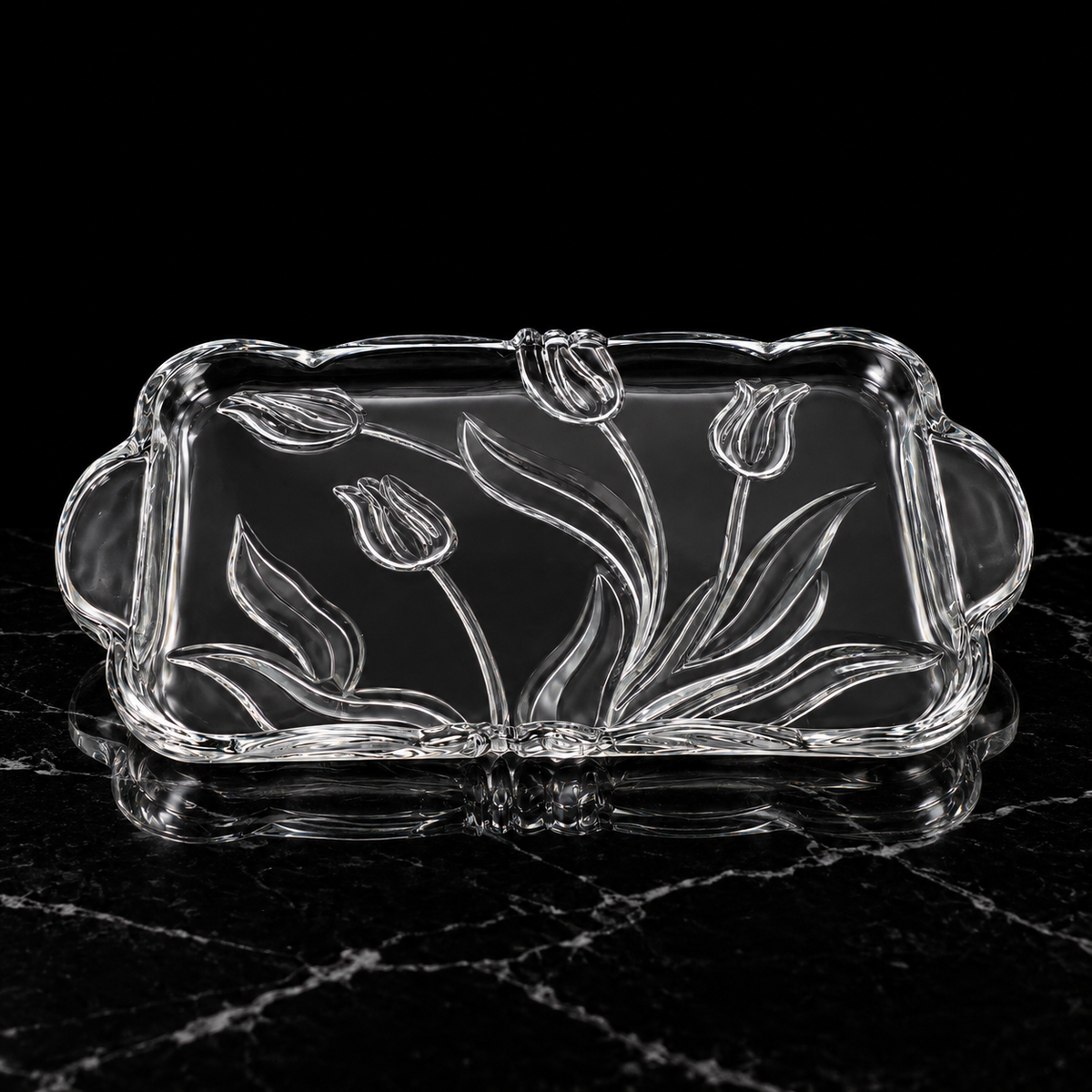 P-214 tulip glass tray on black marble