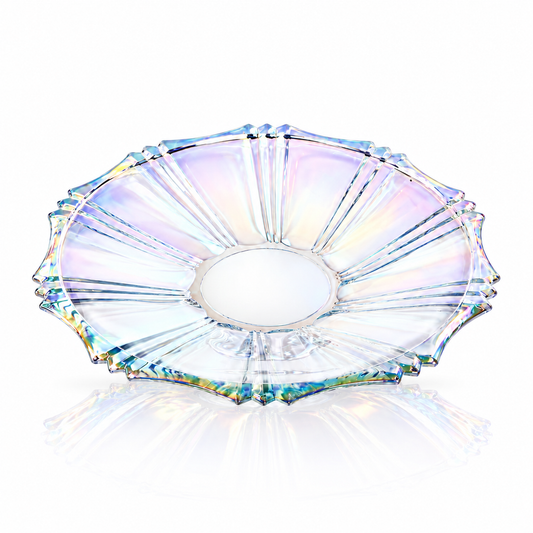 Iridescent glass serving plate on white marble