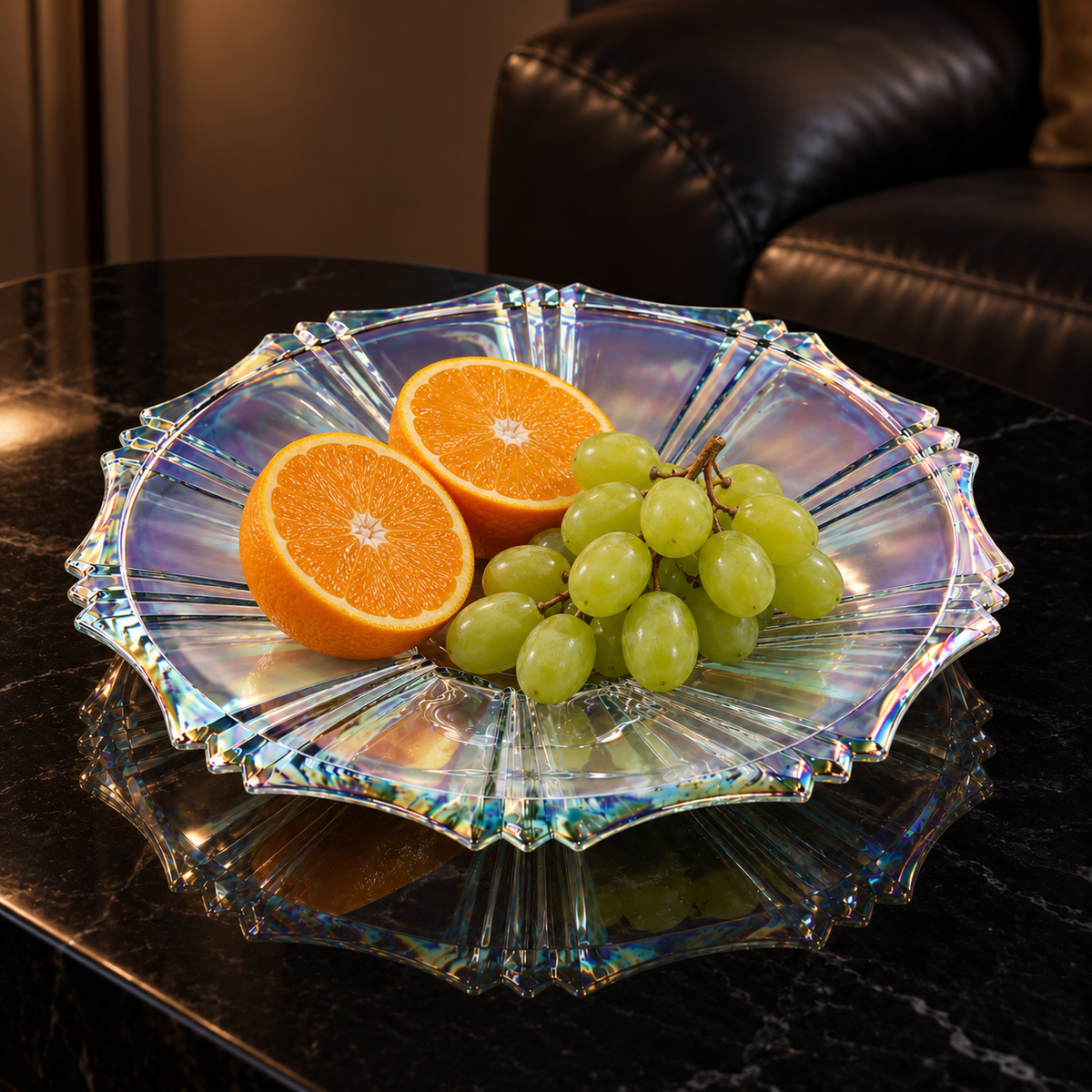 Iridescent plate with oranges and grapes in a living room