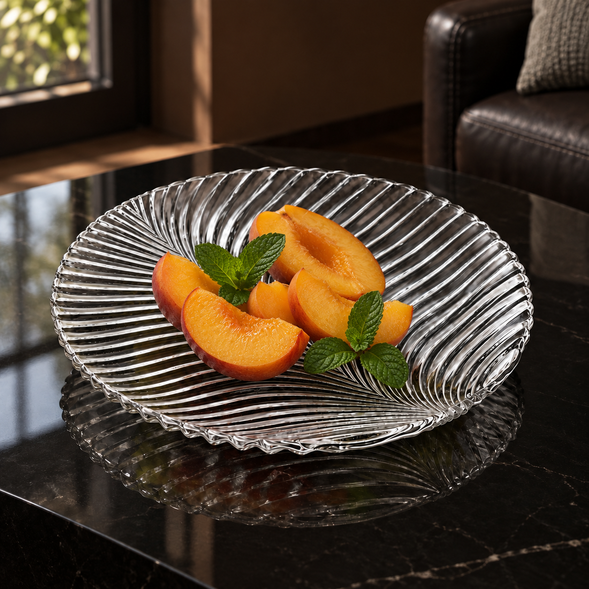 P-503 crystal plate with sliced peaches in a living room